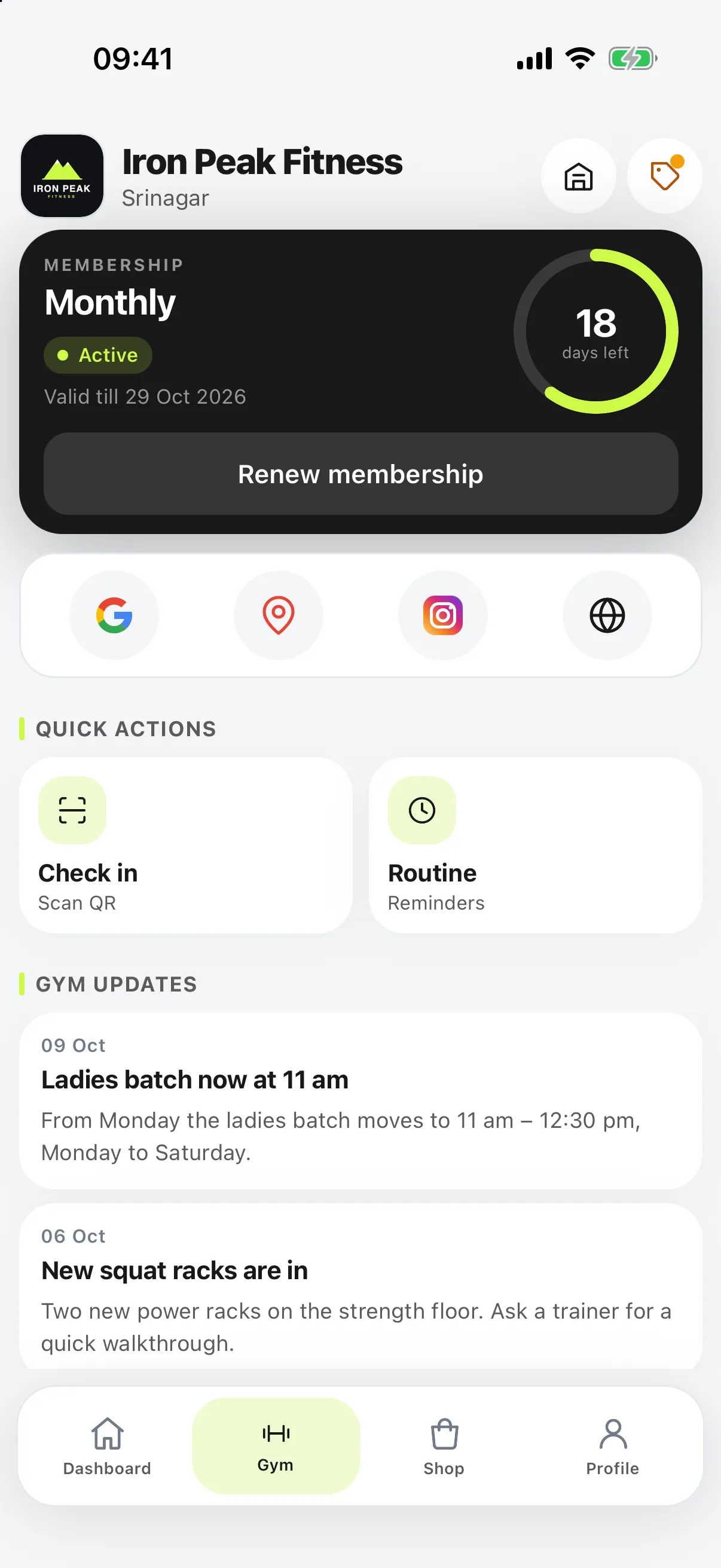 SetGo member app: the gym's logo, an active Monthly membership with 18 days left, and one-tap Google reviews, location, Instagram and website