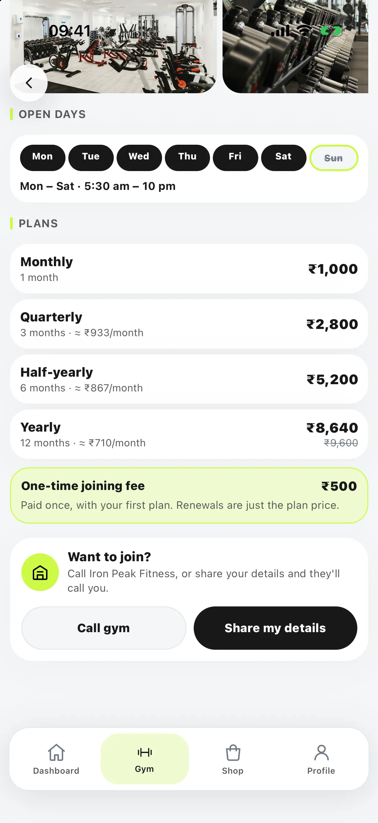 Gym page in the SetGo app with plans, the one-time joining fee and a Share my details button