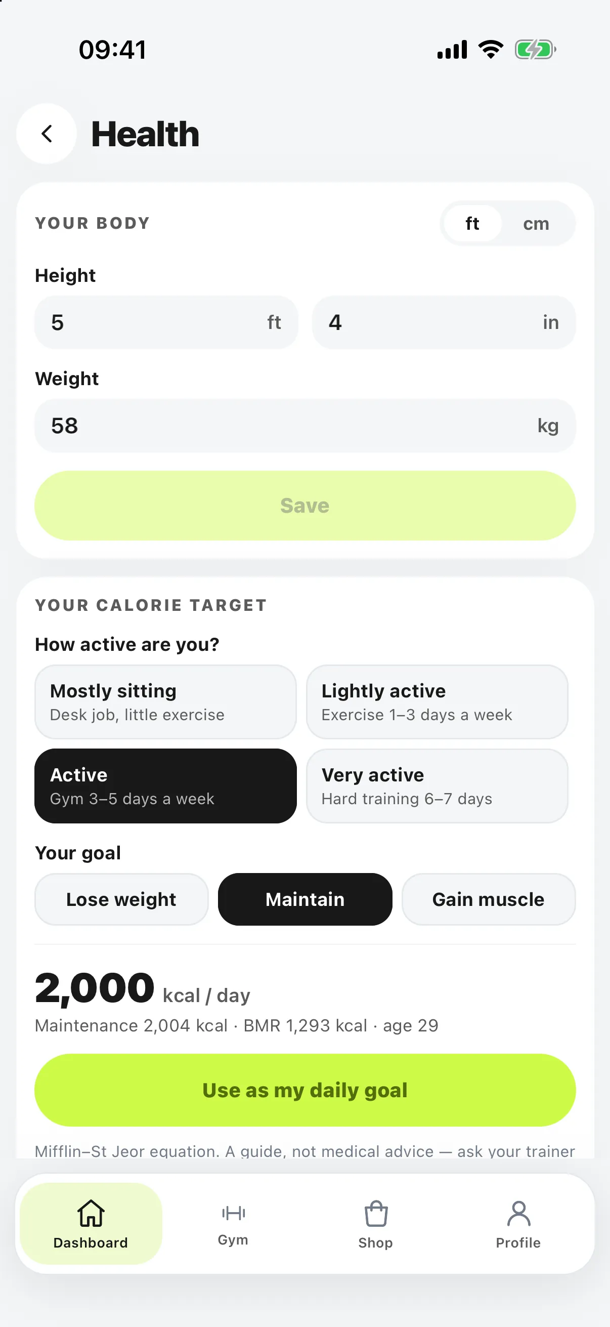 Health screen with height in feet or cm, weight and a personal daily calorie target