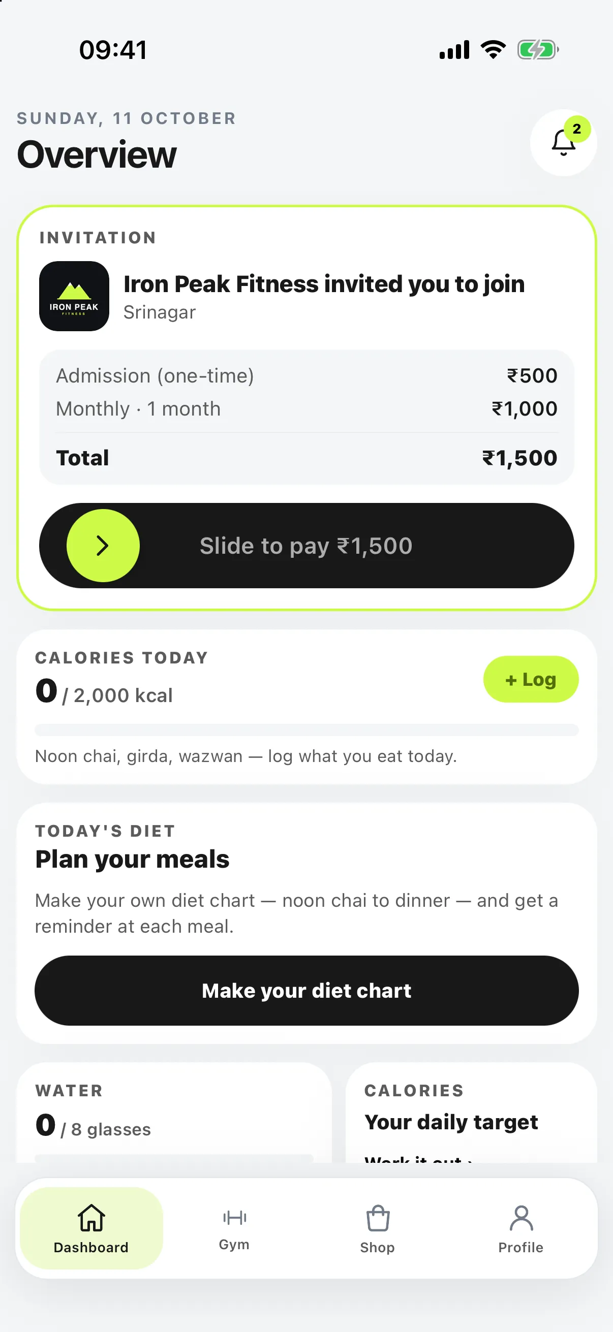 Invitation card on the member's home screen with admission, plan, total and slide to pay