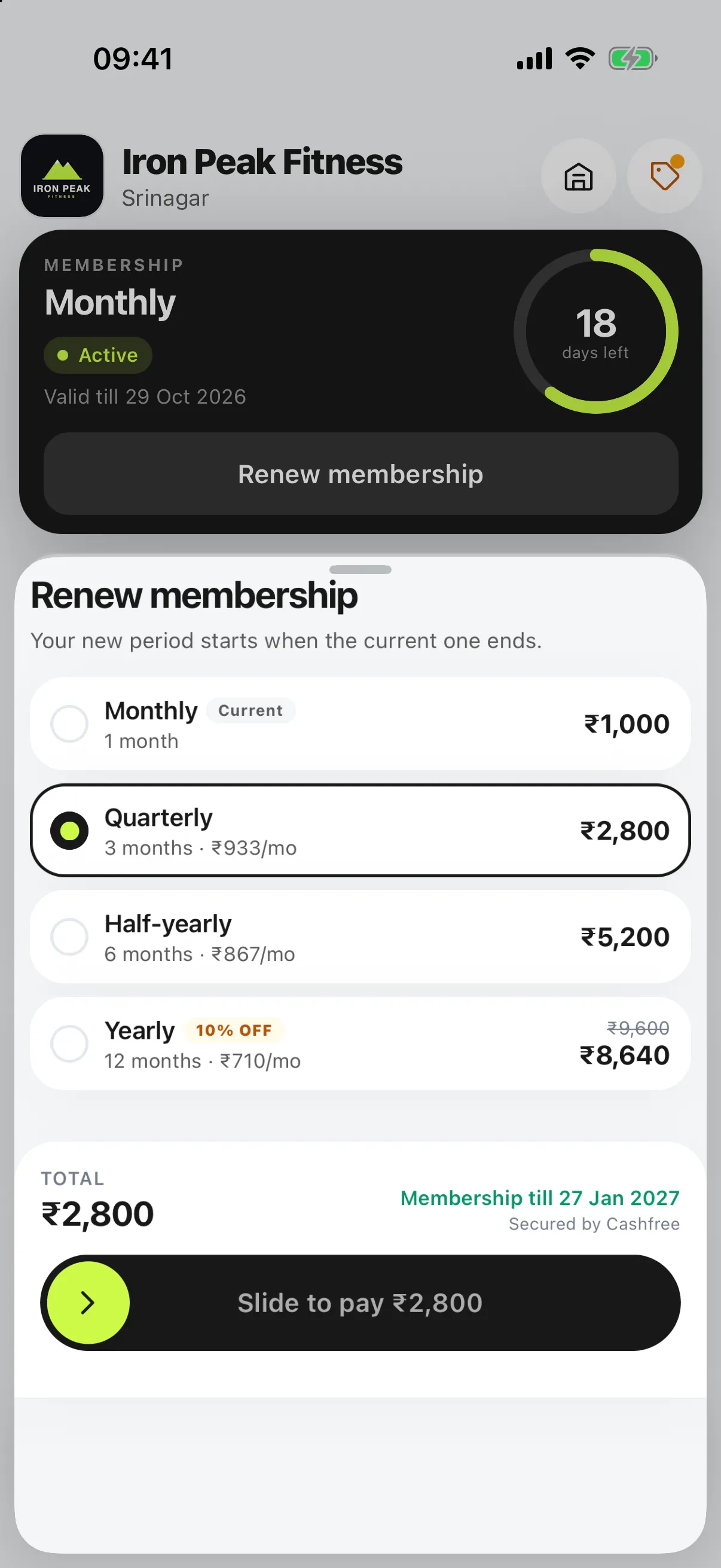Renew membership sheet with plans and slide to pay
