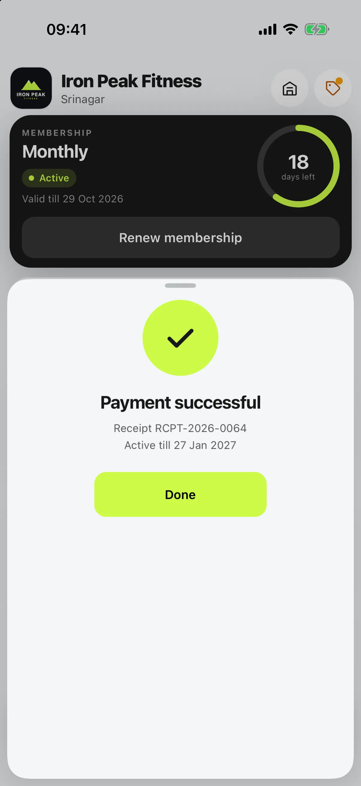 Payment successful with receipt number and the new expiry date
