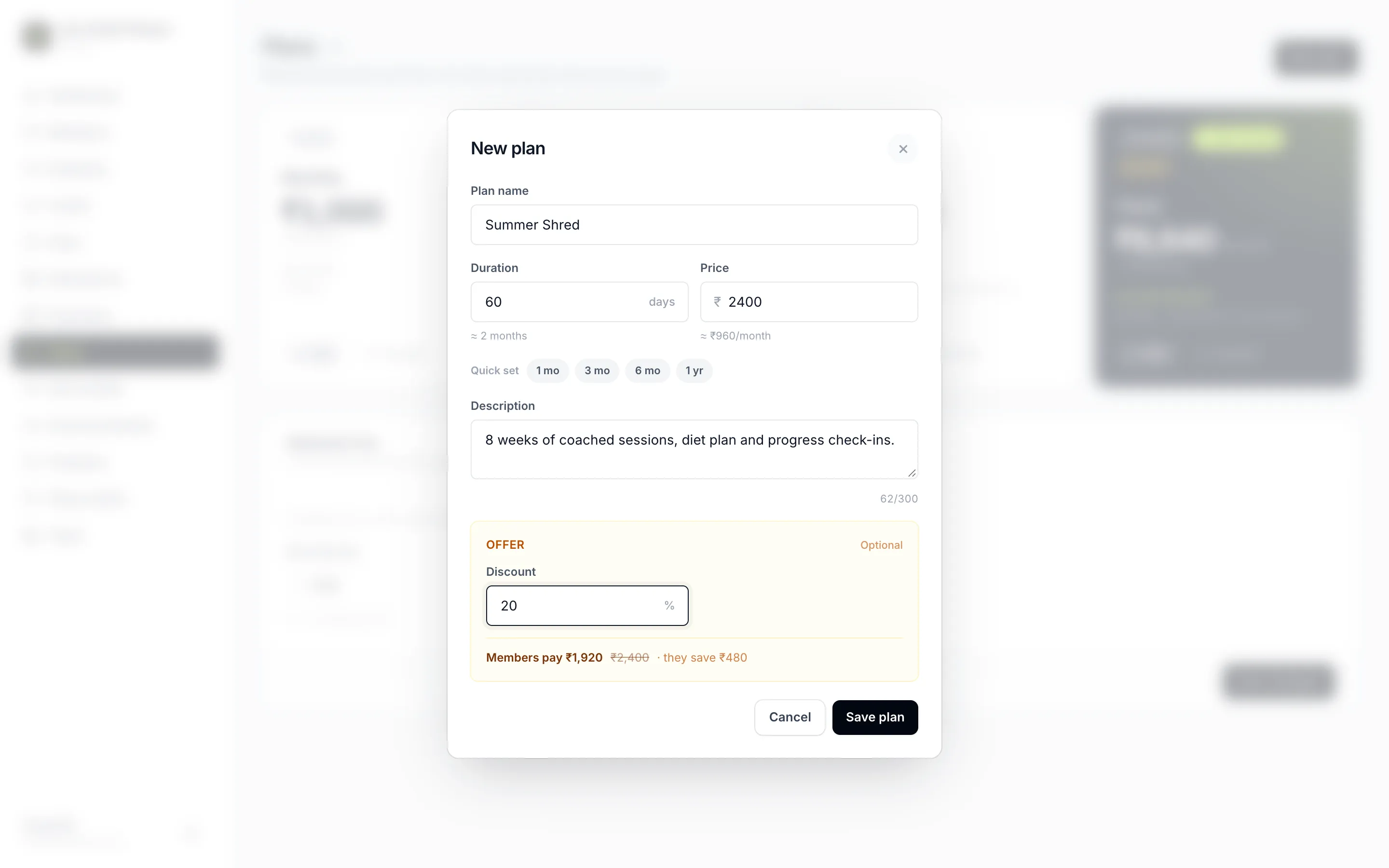 Creating a new membership plan with a 20% summer offer
