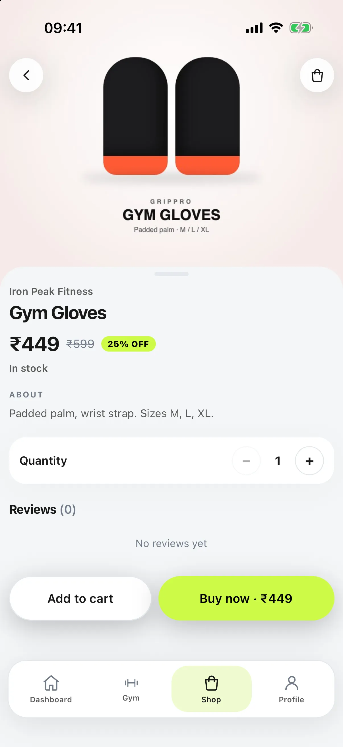 Product page for gym gloves with price, offer and Buy now