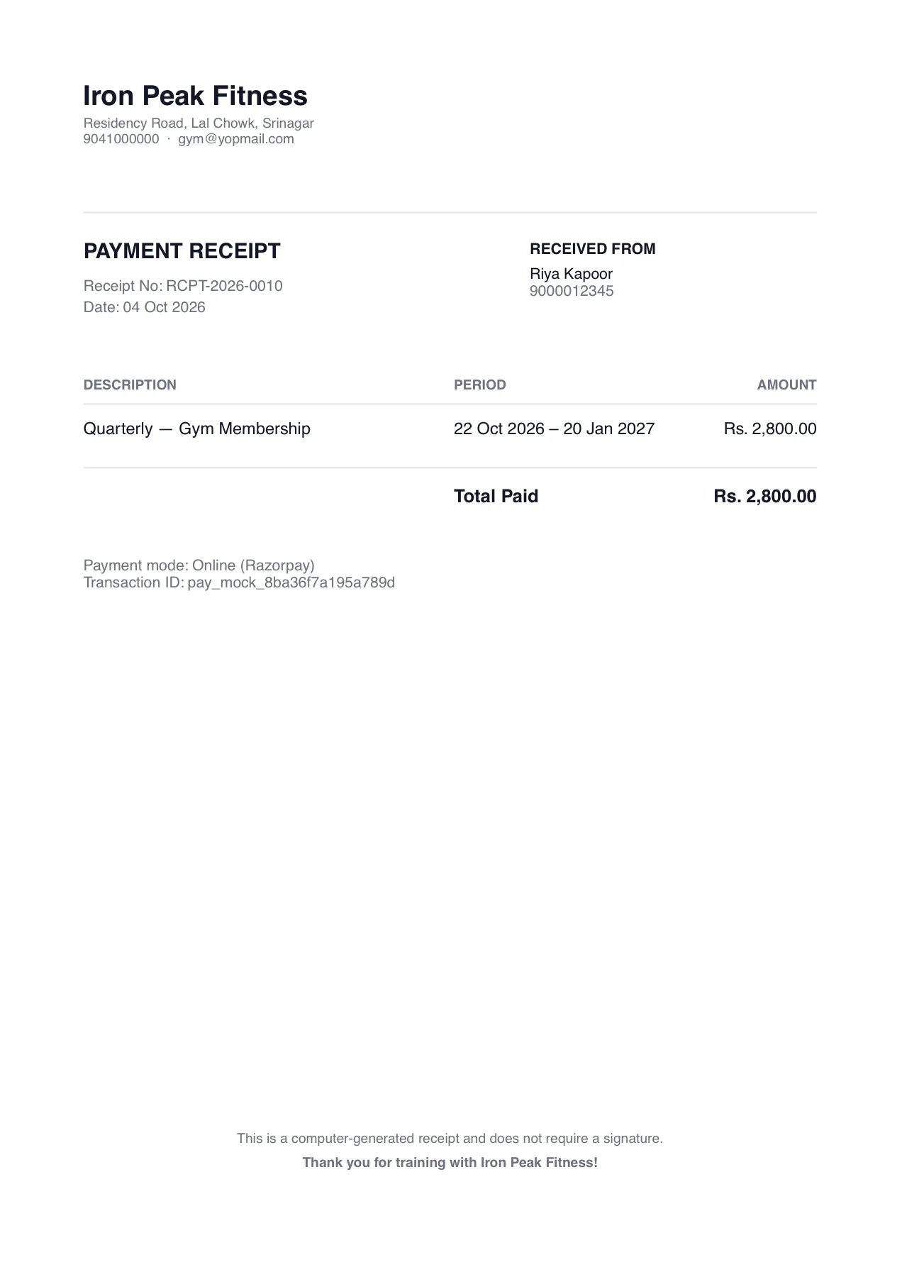 Branded PDF payment receipt